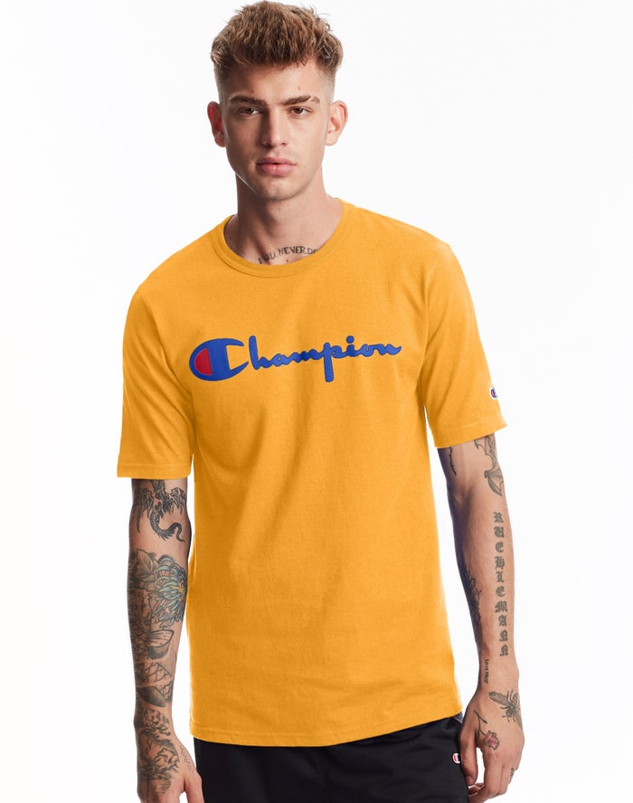 Champion T-Shirt Heren - Geel - Heritage Vintage Logo ( 791036-OBL )